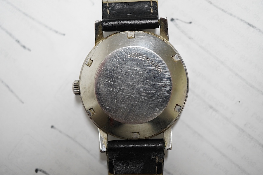 A gentleman's 1960's? stainless steel Omega Automatic wrist watch, with baton numerals and date aperture, case diameter 35mm, on an associated strap, no box or papers.